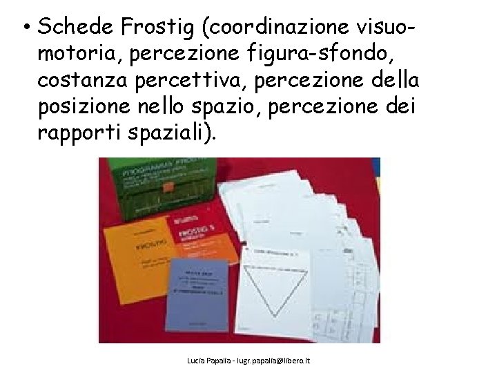  • Schede Frostig (coordinazione visuomotoria, percezione figura-sfondo, costanza percettiva, percezione della posizione nello