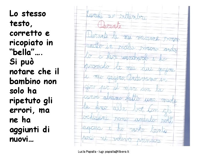 Lo stesso testo, corretto e ricopiato in “bella”…. Si può notare che il bambino