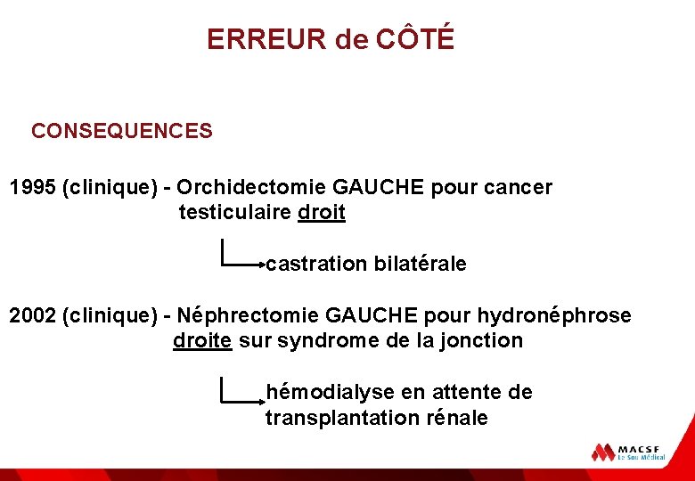 ERREUR de CÔTÉ CONSEQUENCES 1995 (clinique) - Orchidectomie GAUCHE pour cancer testiculaire droit castration