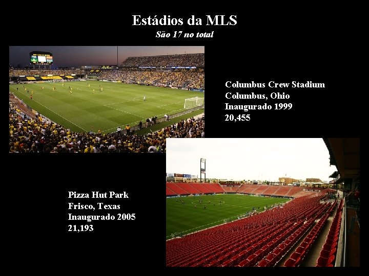 Estádios da MLS São 17 no total Columbus Crew Stadium Columbus, Ohio Inaugurado 1999