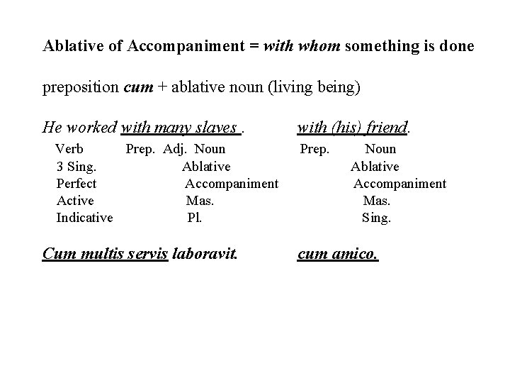 Ablative of Accompaniment = with whom something is done preposition cum + ablative noun