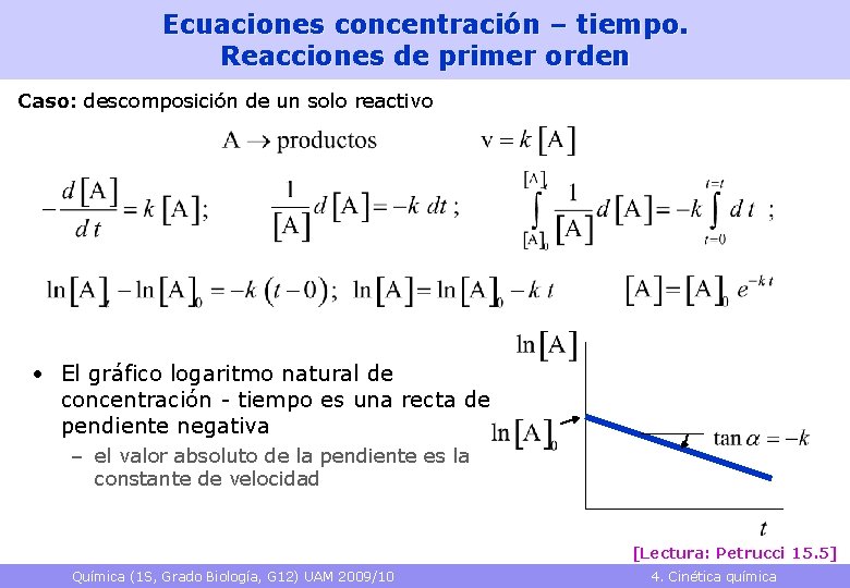Ecuaciones concentración – tiempo. Reacciones de primer orden Caso: descomposición de un solo reactivo Ecuaciones concentración – tiempo. Reacciones de primer orden Caso: descomposición de un solo reactivo