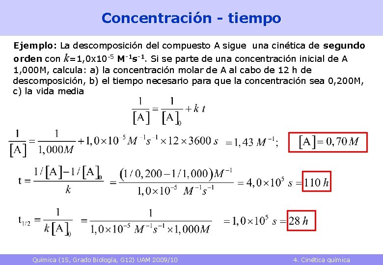Concentración - tiempo Ejemplo: La descomposición del compuesto A sigue una cinética de segundo