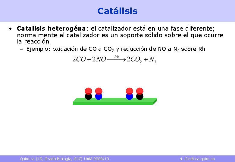 Catálisis • Catalisis heterogéna: el catalizador está en una fase diferente; normalmente el catalizador