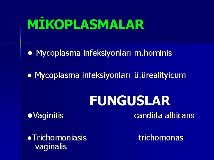 MİKOPLASMALAR ● Mycoplasma infeksiyonları m. hominis ● Mycoplasma infeksiyonları ü. ürealityicum FUNGUSLAR ●Vaginitis candida