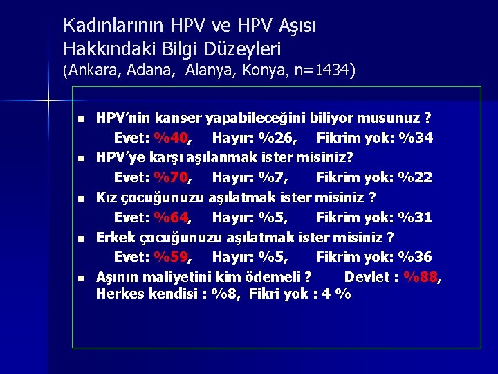 Kadınlarının HPV ve HPV Aşısı Hakkındaki Bilgi Düzeyleri (Ankara, Adana, Alanya, Konya, n=1434) n