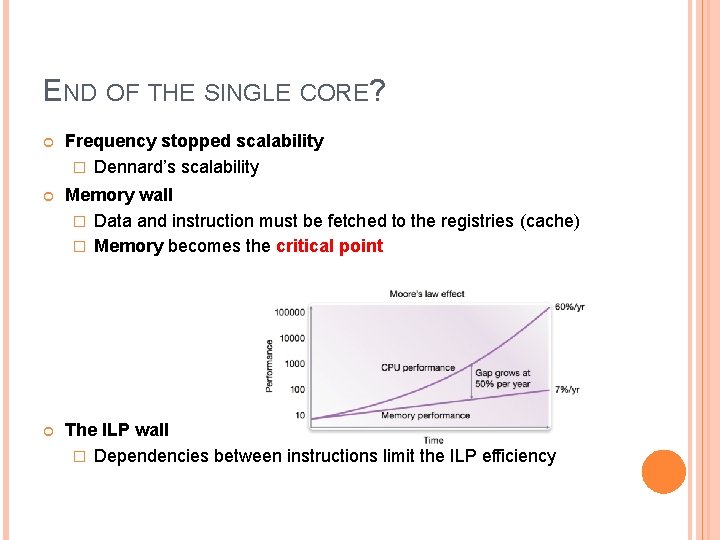 END OF THE SINGLE CORE? Frequency stopped scalability � Dennard’s scalability Memory wall �