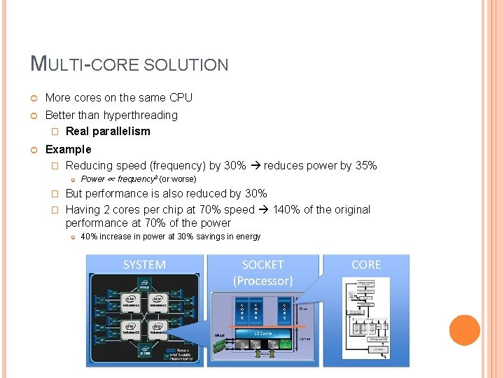 MULTI-CORE SOLUTION More cores on the same CPU Better than hyperthreading � Real parallelism