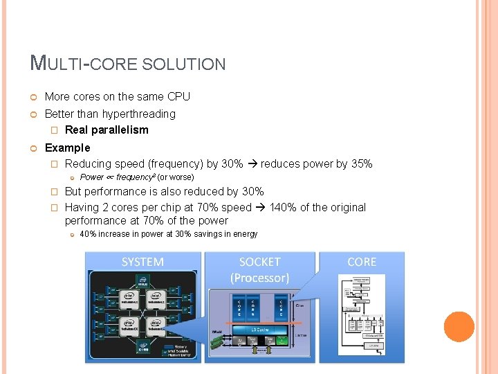 MULTI-CORE SOLUTION More cores on the same CPU Better than hyperthreading � Real parallelism MULTI-CORE SOLUTION More cores on the same CPU Better than hyperthreading � Real parallelism