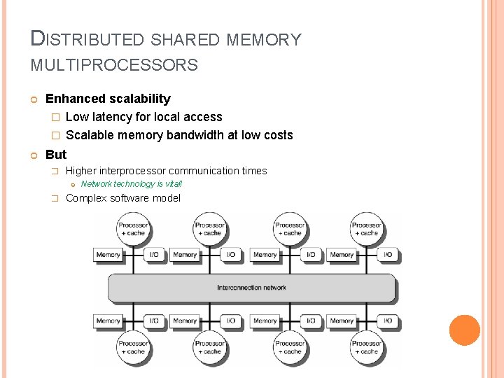 DISTRIBUTED SHARED MEMORY MULTIPROCESSORS Enhanced scalability � Low latency for local access � Scalable