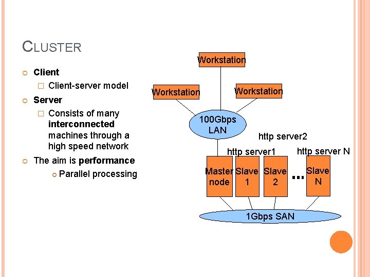 CLUSTER Client � Client-server model Server � Consists of many interconnected machines through a CLUSTER Client � Client-server model Server � Consists of many interconnected machines through a