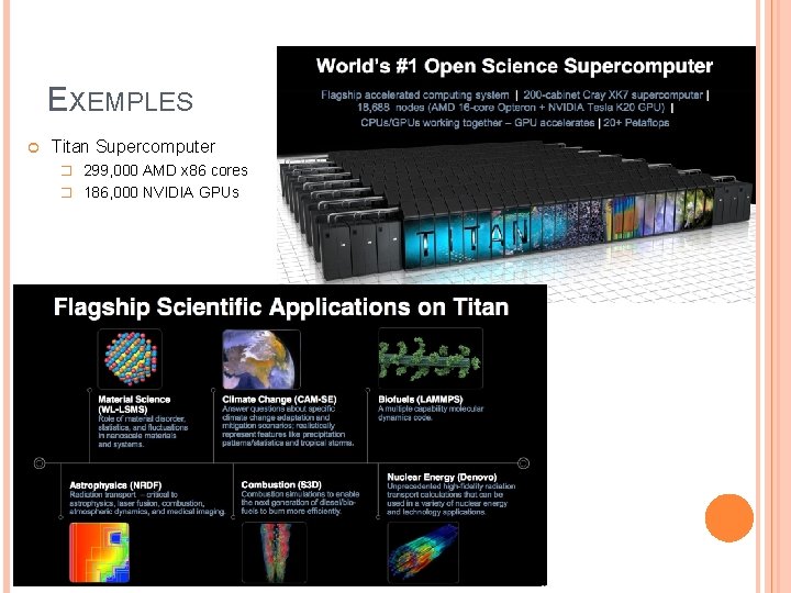 EXEMPLES Titan Supercomputer � 299, 000 AMD x 86 cores � 186, 000 NVIDIA
