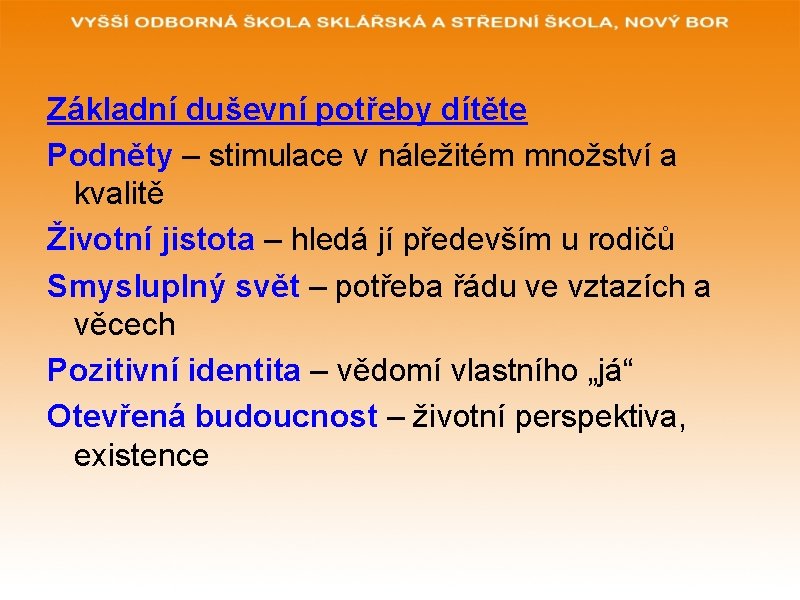 Základní duševní potřeby dítěte Podněty – stimulace v náležitém množství a kvalitě Životní jistota