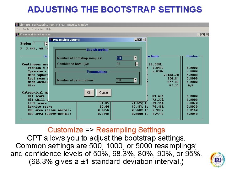 ADJUSTING THE BOOTSTRAP SETTINGS Customize => Resampling Settings CPT allows you to adjust the