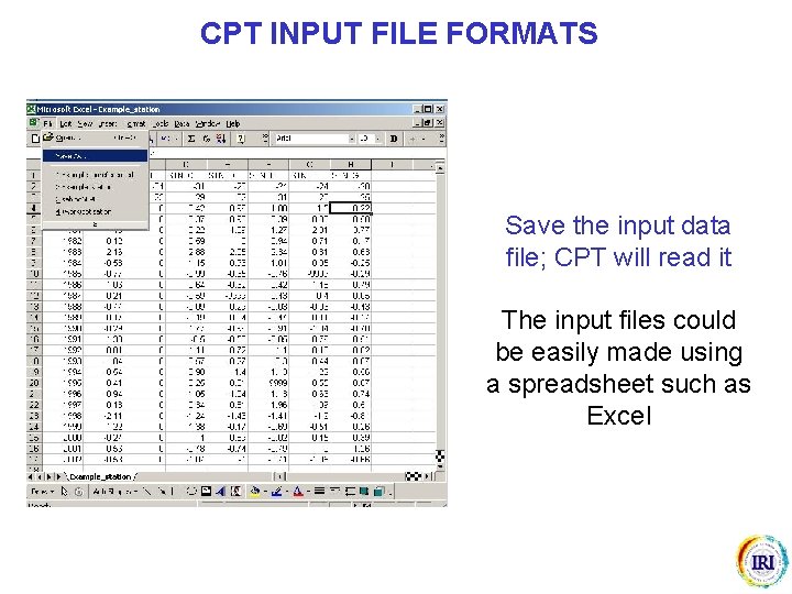CPT INPUT FILE FORMATS Save the input data file; CPT will read it The