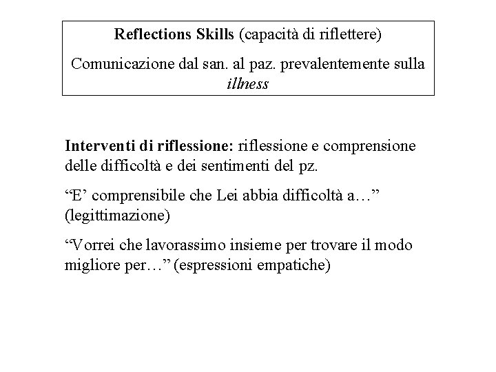 Reflections Skills (capacità di riflettere) Comunicazione dal san. al paz. prevalentemente sulla illness Interventi