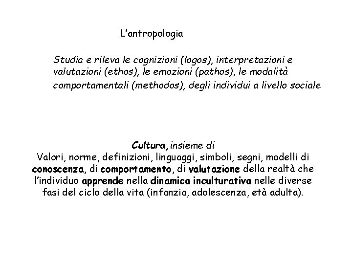 L’antropologia Studia e rileva le cognizioni (logos), interpretazioni e valutazioni (ethos), le emozioni (pathos),