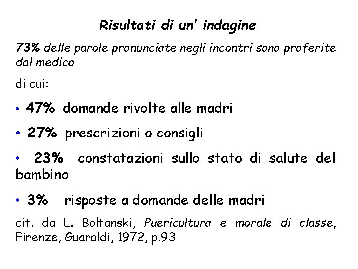 Risultati di un’ indagine 73% delle parole pronunciate negli incontri sono proferite dal medico