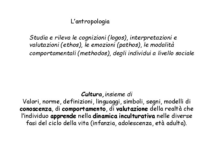 L’antropologia Studia e rileva le cognizioni (logos), interpretazioni e valutazioni (ethos), le emozioni (pathos),