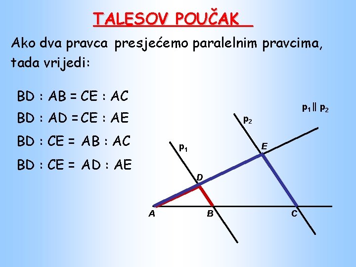 TALESOV POUČAK Ako dva pravca presjećemo paralelnim pravcima, tada vrijedi: BD : AB =