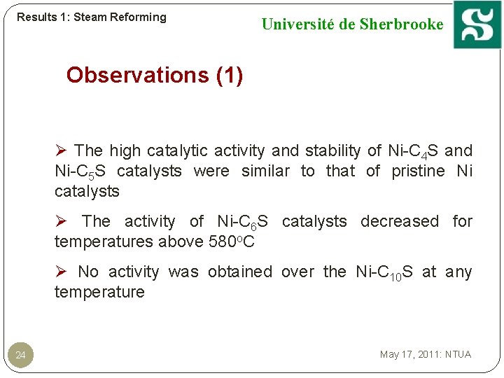 Results 1: Steam Reforming Université de Sherbrooke Observations (1) Ø The high catalytic activity