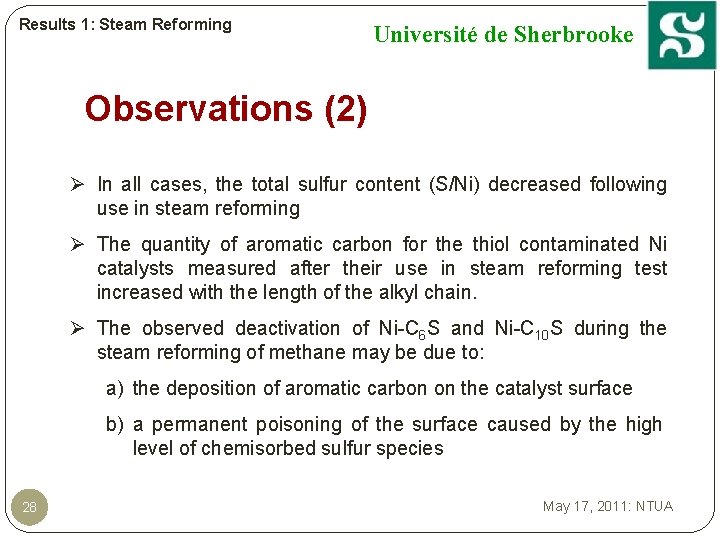 Results 1: Steam Reforming Université de Sherbrooke Observations (2) Ø In all cases, the