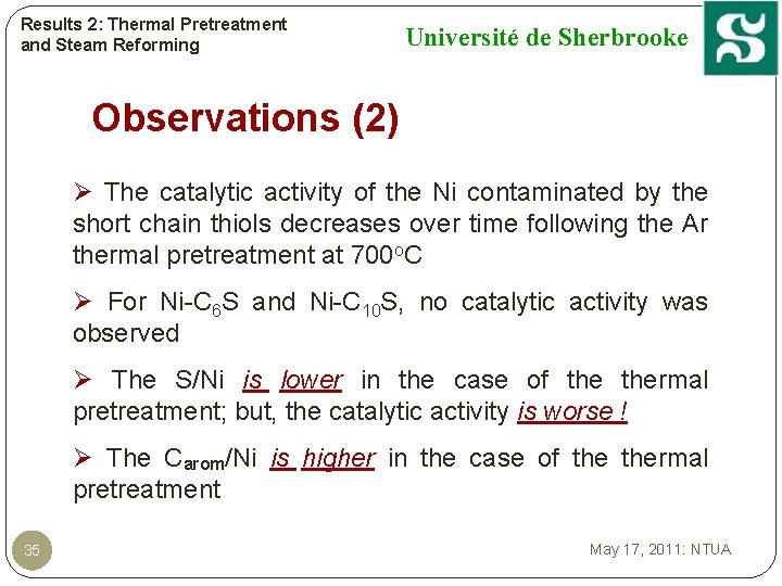 Results 2: Thermal Pretreatment and Steam Reforming Université de Sherbrooke Observations (2) Ø The