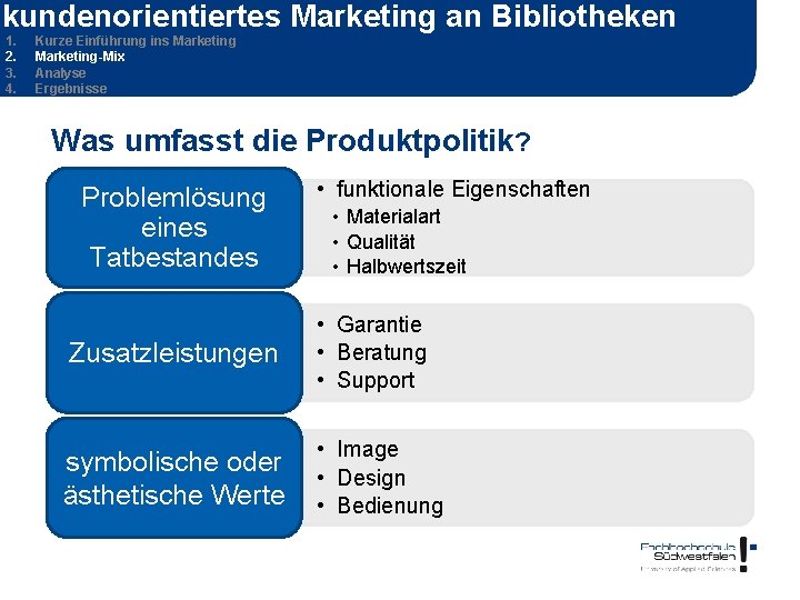 kundenorientiertes Marketing an Bibliotheken 1. 2. 3. 4. Kurze Einführung ins Marketing-Mix Analyse Ergebnisse