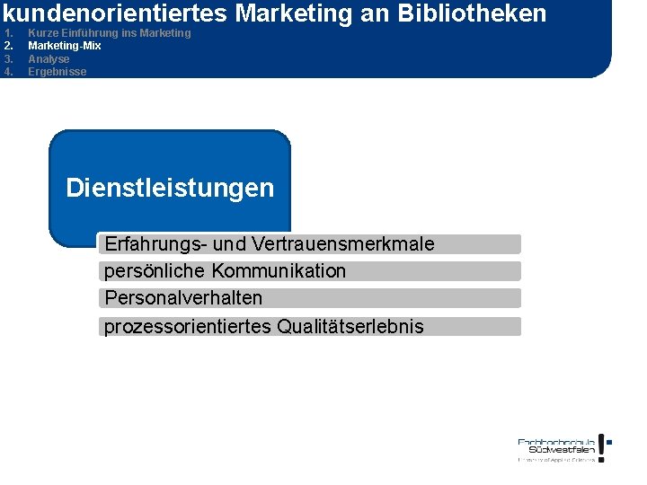 kundenorientiertes Marketing an Bibliotheken 1. 2. 3. 4. Kurze Einführung ins Marketing-Mix Analyse Ergebnisse