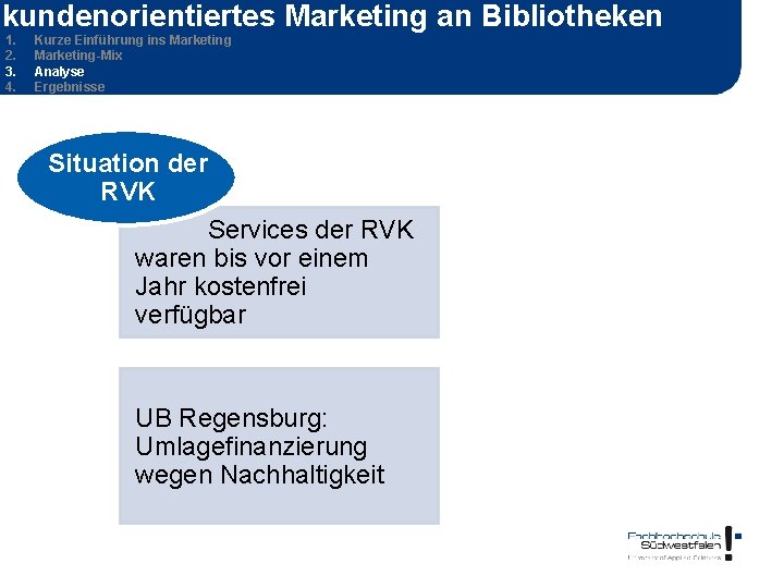 kundenorientiertes Marketing an Bibliotheken 1. 2. 3. 4. Kurze Einführung ins Marketing-Mix Analyse Ergebnisse