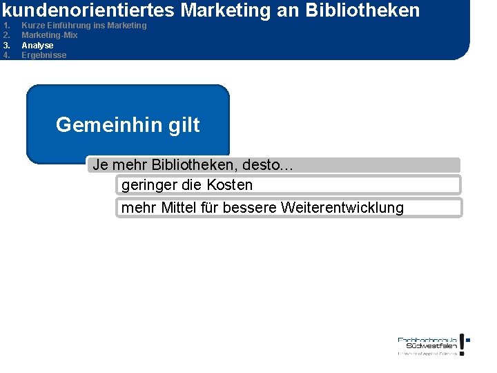 kundenorientiertes Marketing an Bibliotheken 1. 2. 3. 4. Kurze Einführung ins Marketing-Mix Analyse Ergebnisse