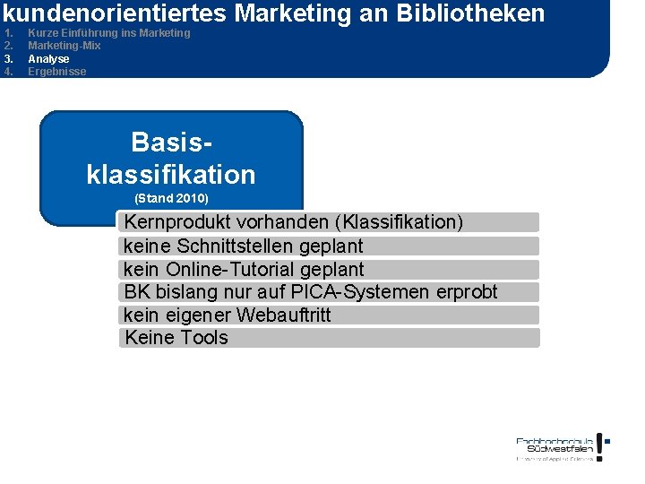 kundenorientiertes Marketing an Bibliotheken 1. 2. 3. 4. Kurze Einführung ins Marketing-Mix Analyse Ergebnisse