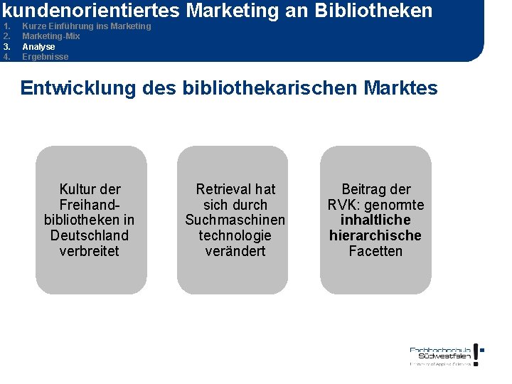 kundenorientiertes Marketing an Bibliotheken 1. 2. 3. 4. Kurze Einführung ins Marketing-Mix Analyse Ergebnisse