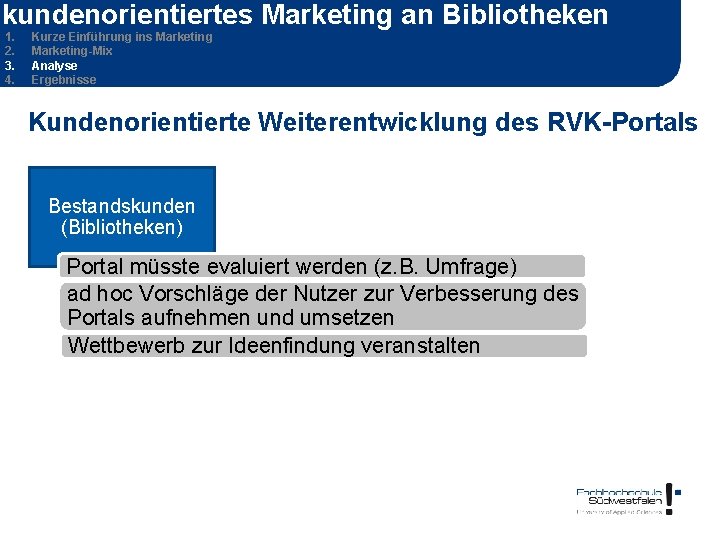 kundenorientiertes Marketing an Bibliotheken 1. 2. 3. 4. Kurze Einführung ins Marketing-Mix Analyse Ergebnisse