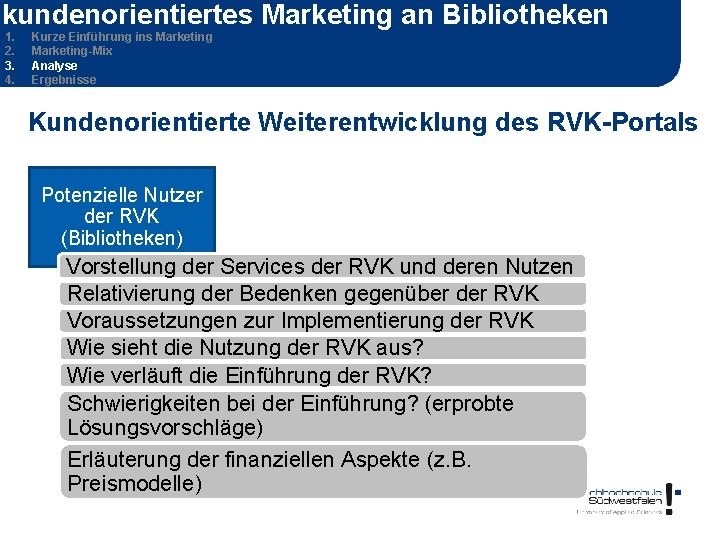 kundenorientiertes Marketing an Bibliotheken 1. 2. 3. 4. Kurze Einführung ins Marketing-Mix Analyse Ergebnisse