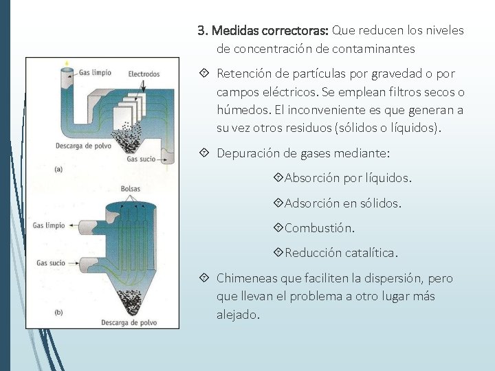 3. Medidas correctoras: Que reducen los niveles de concentración de contaminantes Retención de partículas