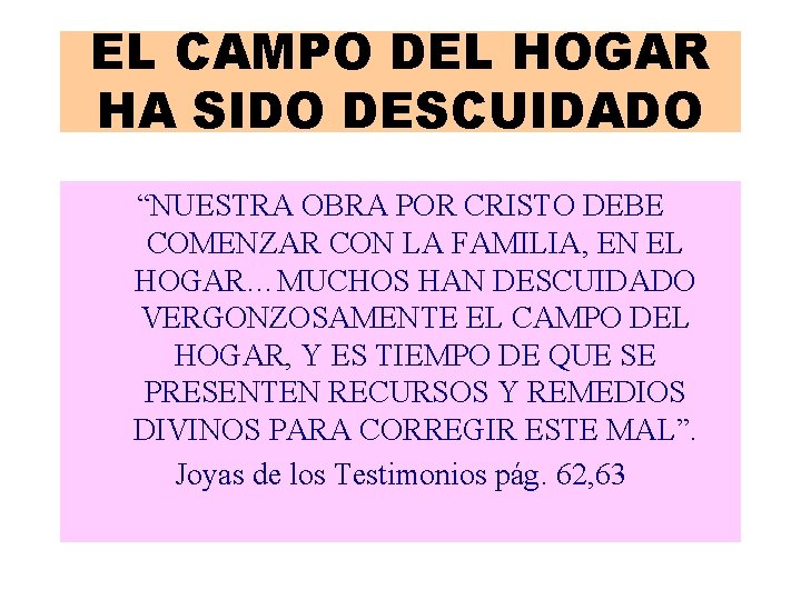 EL CAMPO DEL HOGAR HA SIDO DESCUIDADO “NUESTRA OBRA POR CRISTO DEBE COMENZAR CON