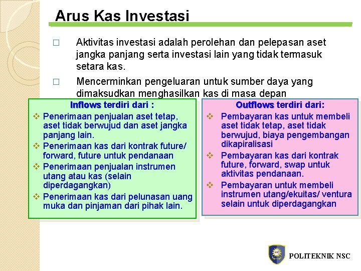 Arus Kas Investasi � � v v Aktivitas investasi adalah perolehan dan pelepasan aset