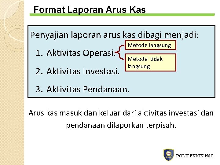 Format Laporan Arus Kas Penyajian laporan arus kas dibagi menjadi: 1. Aktivitas Operasi. 2.