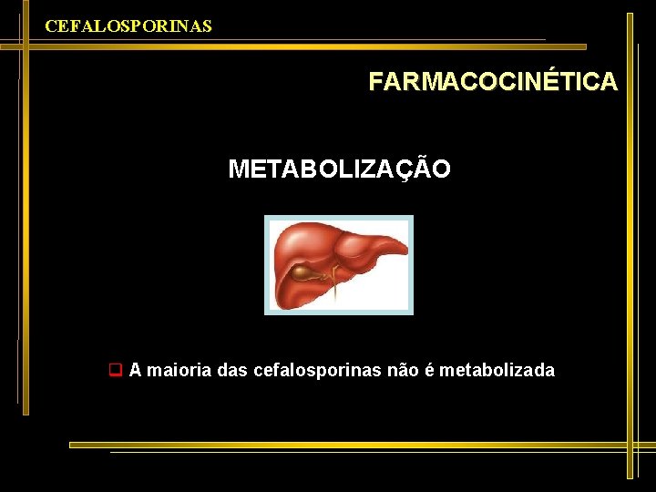 CEFALOSPORINAS FARMACOCINÉTICA METABOLIZAÇÃO q A maioria das cefalosporinas não é metabolizada 