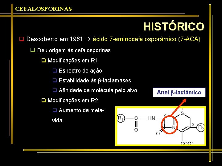 CEFALOSPORINAS HISTÓRICO q Descoberto em 1961 ácido 7 -aminocefalosporâmico (7 -ACA) q Deu origem