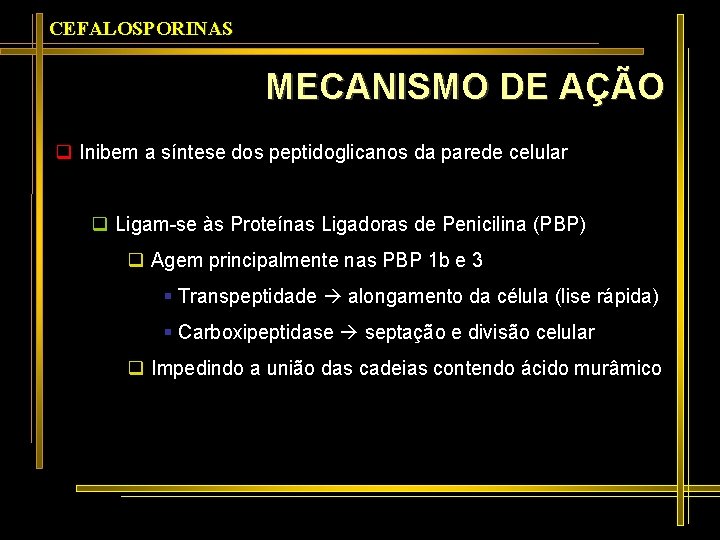 CEFALOSPORINAS MECANISMO DE AÇÃO q Inibem a síntese dos peptidoglicanos da parede celular q