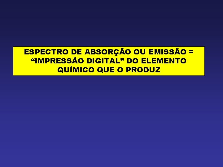 ESPECTRO DE ABSORÇÃO OU EMISSÃO = “IMPRESSÃO DIGITAL” DO ELEMENTO QUÍMICO QUE O PRODUZ