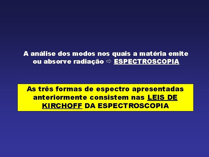 A análise dos modos nos quais a matéria emite ou absorve radiação ESPECTROSCOPIA As