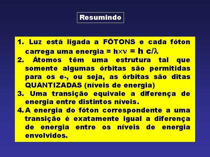 Resumindo 1. Luz está ligada a FÓTONS e cada fóton carrega uma energia =