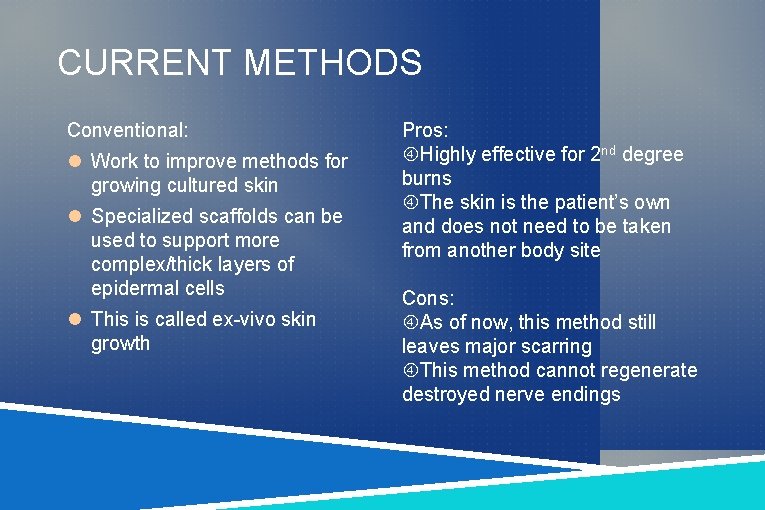 CURRENT METHODS Conventional: Work to improve methods for growing cultured skin Specialized scaffolds can