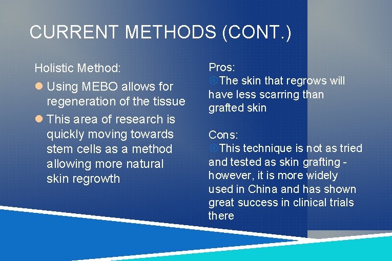 CURRENT METHODS (CONT. ) Holistic Method: Using MEBO allows for regeneration of the tissue