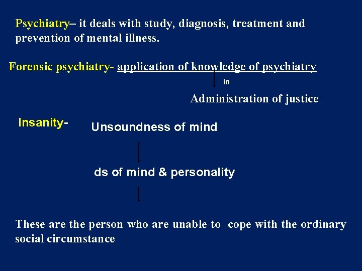 Psychiatry– it deals with study, diagnosis, treatment and prevention of mental illness. Forensic psychiatry-