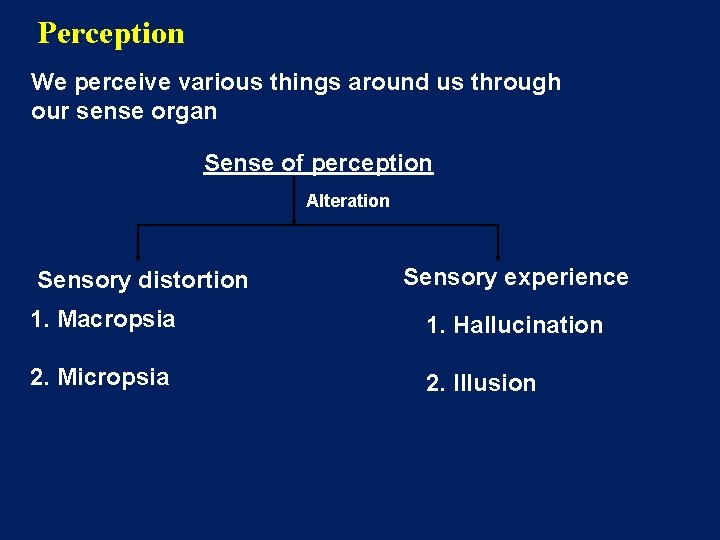 Perception We perceive various things around us through our sense organ Sense of perception