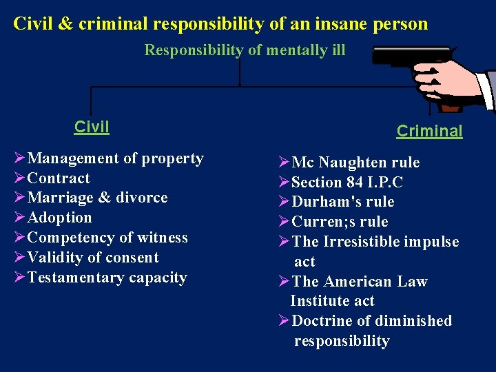 Civil & criminal responsibility of an insane person Responsibility of mentally ill Civil ØManagement